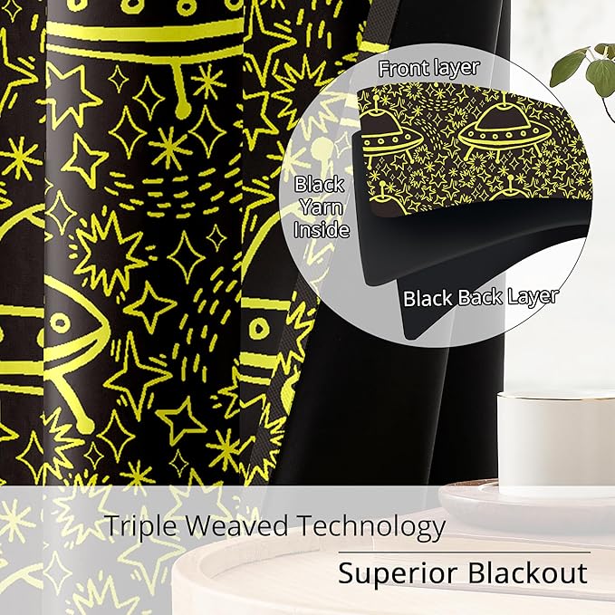 Kids UFO Blackout Curtains - 100% Blackout, Thermal Insulated, Noise Reducing, Perfect for Kids Room and Nursery, 2 Panels (Neon UFO Night, W52×L63)
