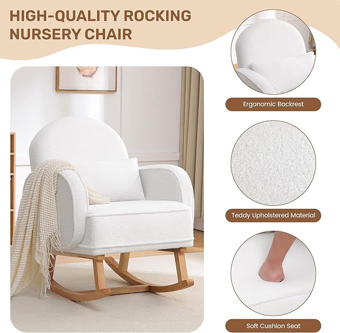 Rocking Chair Nursery with Ottoman, Upholstered Glider Rocker with High Backrest and Side Pocket, Rocking Accent Armchair with Solid Wood Legs for Nursery/Living Room/Bedroom White