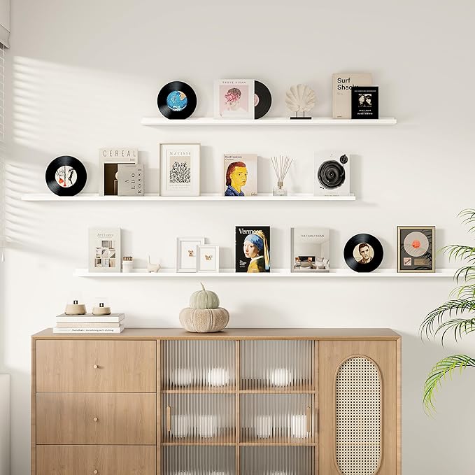 Floating Picture Ledge Shelves for Wall Set of 2, 95 Inches Picture Ledge Shelf with Long Large Nursery Book Shelf for Toys Storage Kids Bookshelf Wall Mounted Living Room Bedroom Decor Frames, White