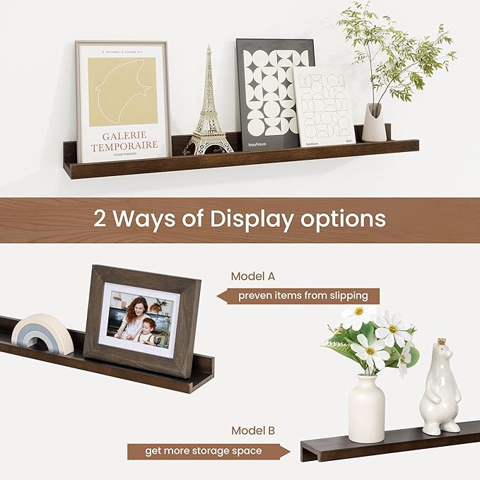 Picture Ledge Shelf, Solid Pine Wood Floating Shelves Set of 2, 24 Inches Nursery Book Shelves for Toys Storage, Kids Bookshelf Wall Mounted for Living Room Bedroom Decor Books Photo Frames, Walnut