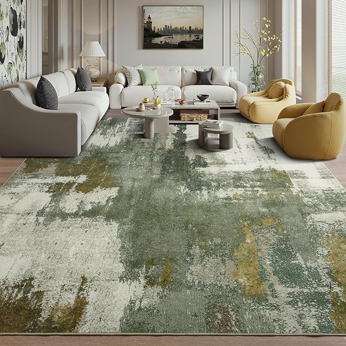 Kelarea Living Room Rug, 9x12 Rug Modern Abstract Washable Rugs, Green Vintage Low Pile Carpet, Non Slip Large Rugs for Bedroom, Dining Room, College Dorm, Home Office