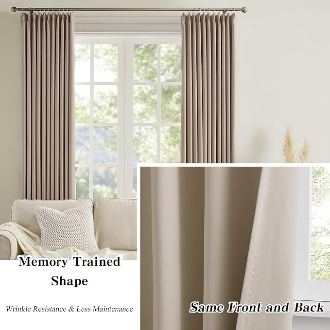 KEQIAOSUOCAI Pinch Pleated Window Curtain Panels 84 Inches Long Light Blocking Solid Ceiling Floor Pleated Curtains Hooks Track Privacy Memory Shape Drape for Living Room,Khaki,40x84, Set of 2
