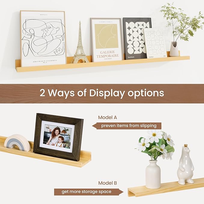 Picture Ledge Shelf, Solid Pine Wood Floating Shelves Set of 2, 36 Inches Nursery Book Shelves for Toys Storage, Kids Bookshelf Wall Mounted for Living Room Bedroom Decor Books Photo Frames, Natural