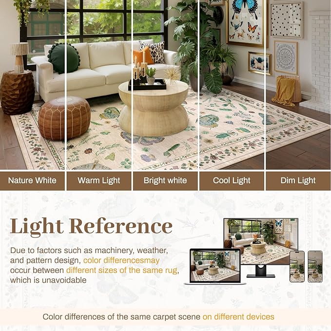 6x9 Rugs for Living Room with Insect Print - Bug Rug Non-Silp Stain Resistant Soft Carpet for Bedroom, Low Pile Ultra-Thin Machine Washable Carpet for Dining Room, Kids Nursery, Office (6'x9' Beige)