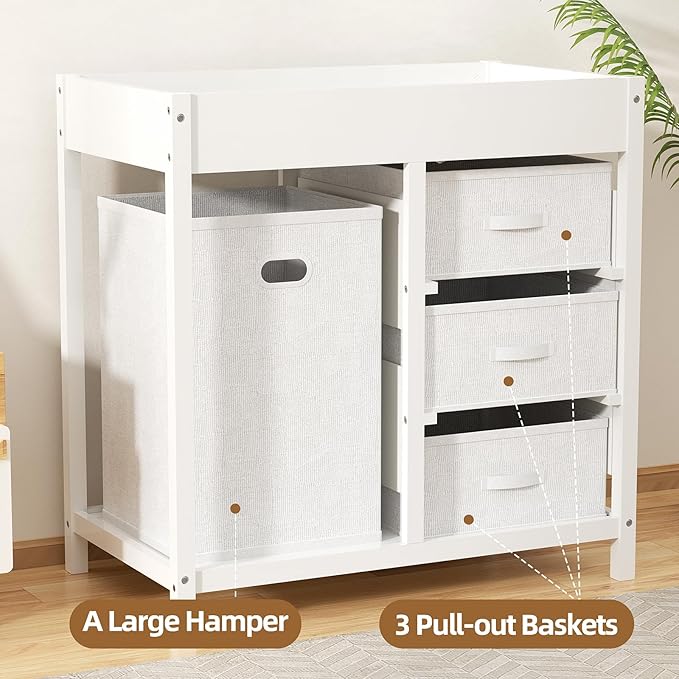YUFU Baby Changing Table, Diaper Changing Table with Laundry Hamper, 3 Storage Drawers and Pad, Wooden Infant Diaper Changing Station, White