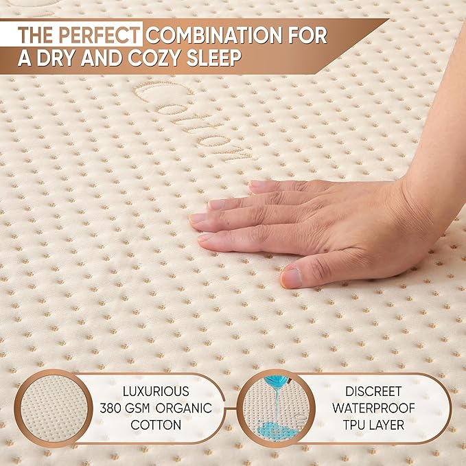 Luxury Waterproof Organic Mattress Protector Twin XL - Organic Cotton Breathable Mattress Pad Cover - New 380 GSM Comfort - Deep Pocket - Jersey Cotton Skirt - Fitted Comfort