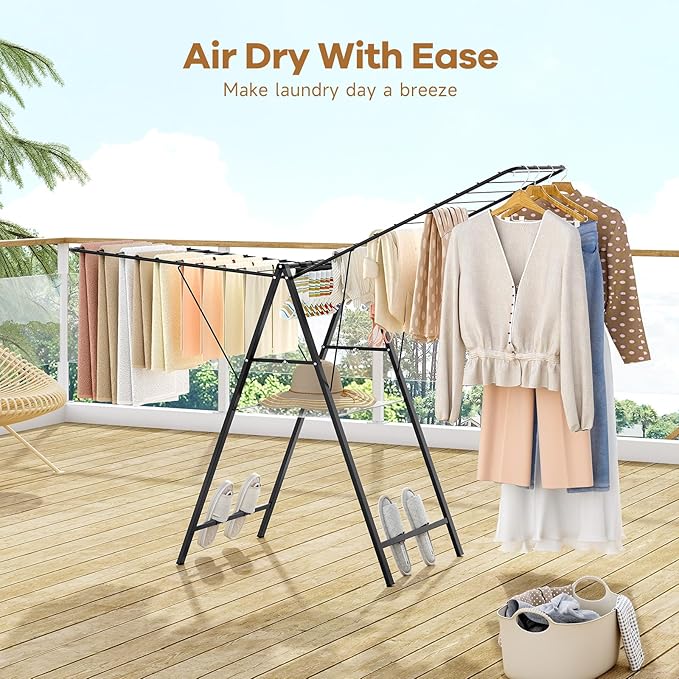 APEXCHASER Clothes Drying Rack Foldable, Metal Laundry Drying Rack with Height Adjustable Rails, Ultra Thin Drying Rack Clothing Towel Sweater Shoe for Indoor Outdoor, Gullwing Clothes Airer, Black