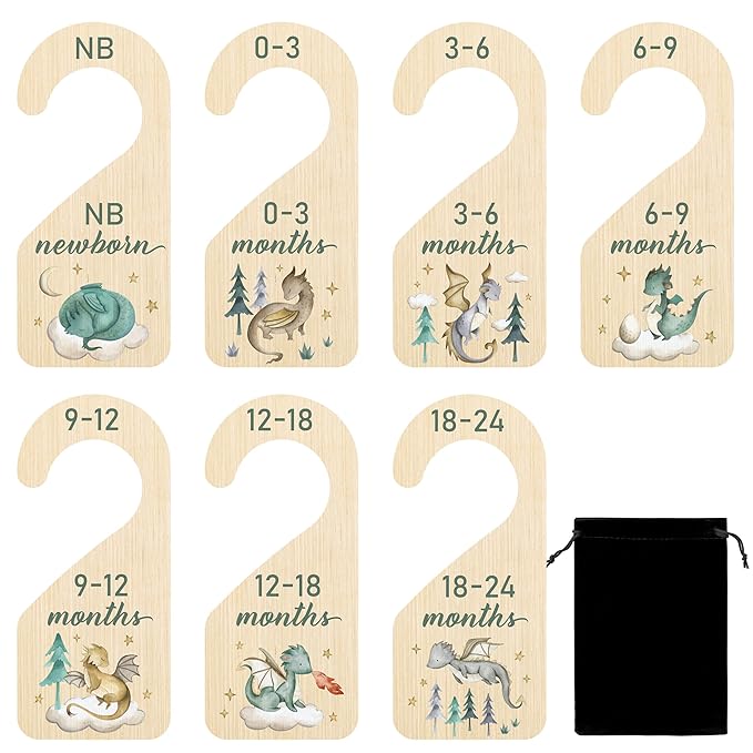 R HORSE Wooden Baby Closet Dividers - 8Pcs Dragon Baby Closet Organizer, Double-Sided Newborn Clothes Size Hanger Dividers, Nursery Decor Birthday Gift for Boy Girl (0-24 Months)
