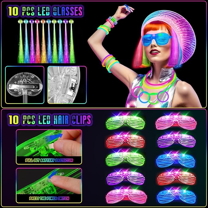 Glow in the Dark Party Supplies, 264 PCS Light Up Party Favors with LED Glasses,Glow Sticks,Finger Lights,LED Hair Clips,Slingshot,Glasses Molds,Butterfly Bracelet for Birthday,Raves,New Year