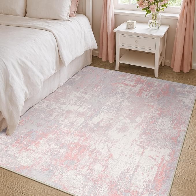 Washable Area Rugs 3'x5' Non-Slip Modern Abstract Soft for Living Room Entryway Bedroom Nursery, Print Pattern, Grey Pink