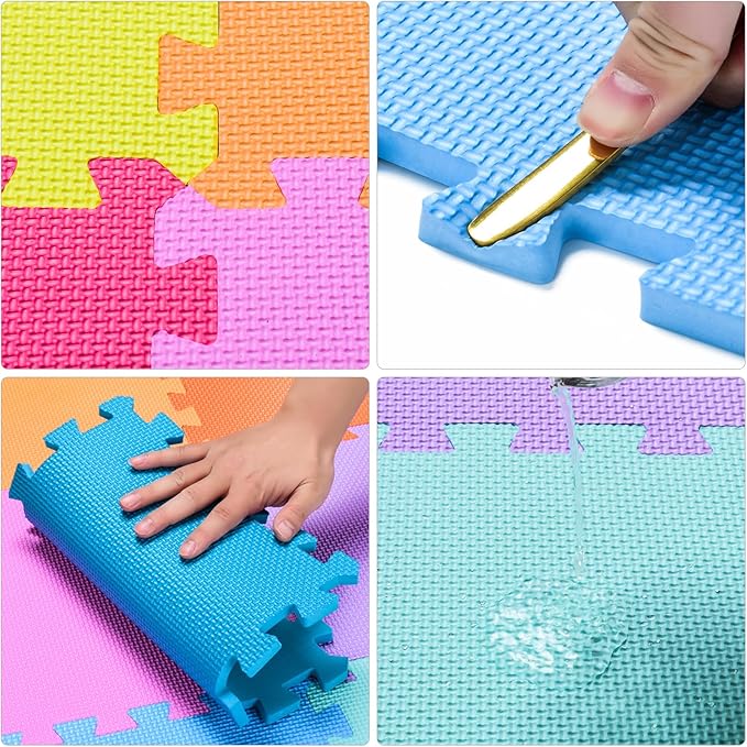 qqpp EVA Rubber 18 Tiles Interlocking Puzzle Foam Floor Mats - Baby Play Mat for Playing | Exercise Mat for Home Workout. White, Pink, Green. QC-ACHb18N
