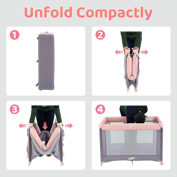 Pamo Babe Portable Playard with Mat Pad and Toy Bar Pink Play Yard for Baby