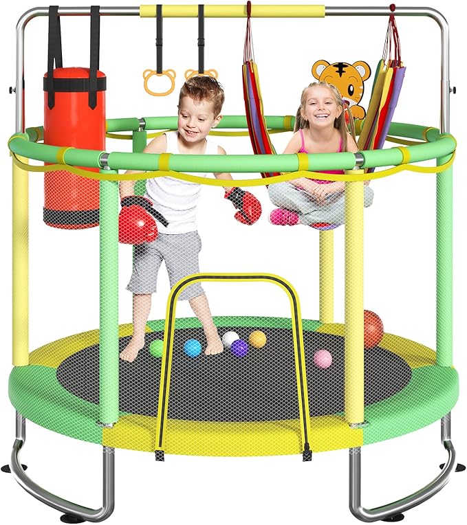 Trampoline for Kids, Upgrade Full Anti-Rust 440lbsToddler Trampoline with Net, Upgraded Ring Legs with Adjustable Gymnastics Bar&Toys, Gifts for Ages 1-8 Boys&Girls