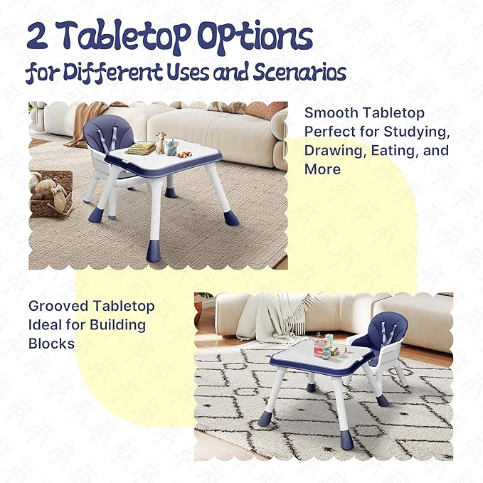 4 in 1 Baby High Chair, Toddler Chair with Removable Tray, Convertible High Chairs for Babies and Toddlers, Kids Learning Table, Building Block Table, Dining Booster Seat with Safety Harness, Blue