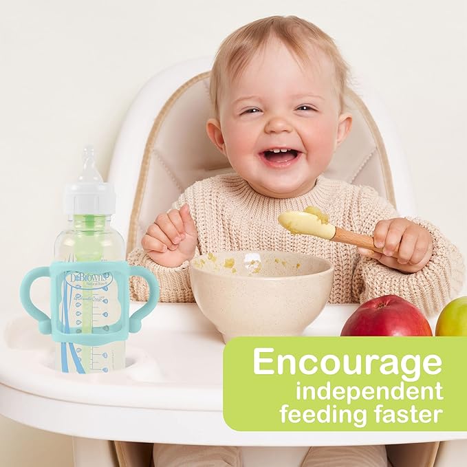 TonGass (3-Pack) Bottle Handles for Dr Brown Narrow Baby Bottles with Easy Grip Handles to Hold Their Own Bottle - BPA-Free Soft Silicone - Red Green and Blue