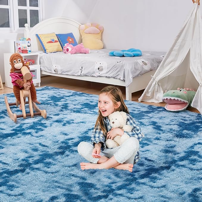 Ultra Soft Rug for Living Room, 6X9 Fluffy Shag Area Rug for Bedroom, Modern Shaggy Carpets Fuzzy Rug for Teens Dorm Nursery Home Decor Aesthetic, Upgrade Anti-Skid Durable, Tie-Dyed Blue Grey