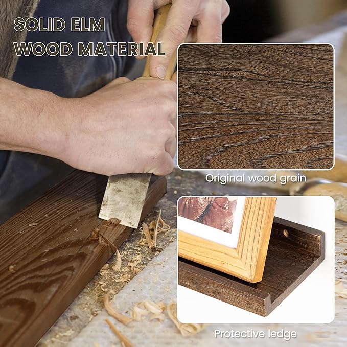 Picture Ledge Shelf - 24 Inches Floating Shelves Set of 2 - Rustic Elm Wood Ledge Shelves for Toys Storage, Kids Bookshelf Wall Mounted for Bedroom, Living Room, Kitchen - 24 Inches - Walnut Color