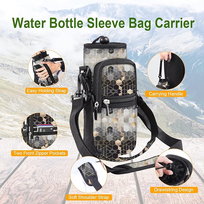 25/32/40/64oz Water Bottle Bag Holder Carrier-Insulated Crossbody Sling Case Sleeve with Strap & Pockets for Men Women Gym Cycling Travel Walking Hiking Camping