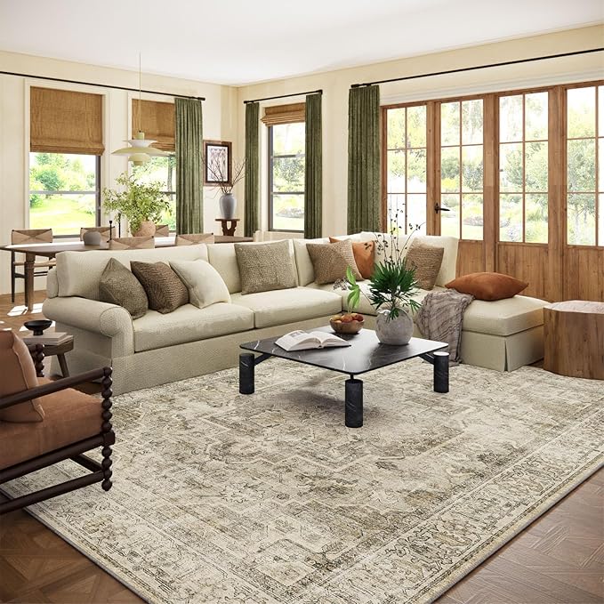 Washable Area Rugs for Living Room: 9x12 Bedroom Area Rugs Boho Vintage Rugs Stain Resistant Non Slip Low Pile Soft Lightweight Carpet for Kitchen Dining Room Farmhouse Nursery Kids Room Home Office