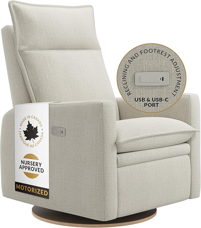 Arya Modern Nursery Chair Glider Recliner with 180° Swivel - Cozy Motorized Reclining Nursing Chair with USB Ports, Gentle Motion, Ergonomic Design, Canadian-Made (Ivory/Nubia Fabric)