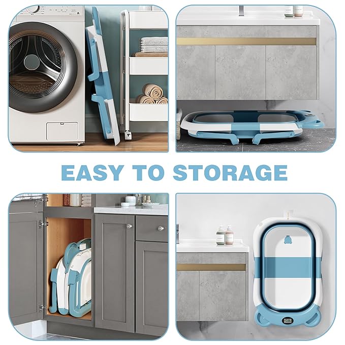 MoreFeel Collapsible Baby Bathtub for Newborn with Thermometer & 1 Hooded Towel & 1 Soft Floating Cushion,Portable Travel Bathtub with Drain Hole, Durable Foldable Baby Tubs for Infants to Toddler