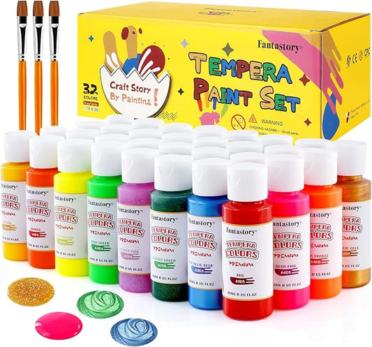 fantastory Tempera Paint for Kids 32 Colors (2 oz Each) Washable Tempera Paint, Kids Poster Paint Sponge Painting, Non-Toxic Kids Paint Finger Paints Hand Paints Bottles Early Learning
