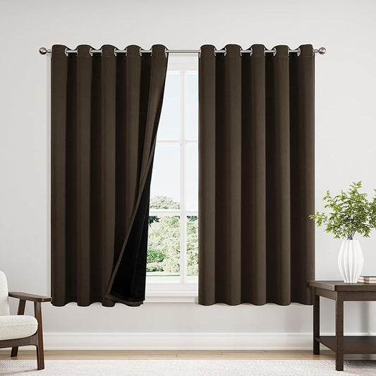 ChrisDowa 100% Blackout Curtains 63 inch Long for Bedroom with Black Liner, Extra Wide 2 Thick Layers Total Blackout Thermal Insulated Grommet Window Curtains 2 Panels Set (Brown, 60 x 63 Inch)