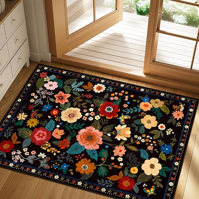 Floral 2x3 Area Rug Machine Washable Soft Print Boho Carpet Non Slip Doormat Low Pile Flower Area Rugs for Living Room Bedroom Nursery Kitchen Dining Room Indoor-Black