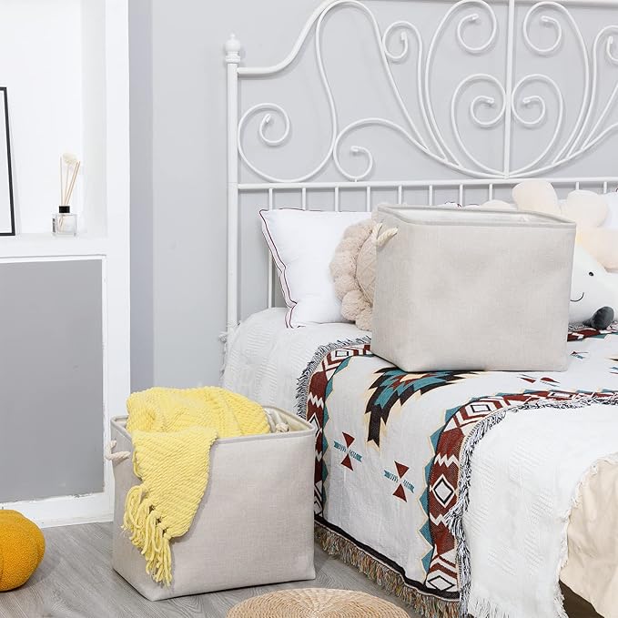 Bidtakay Fabric Beige Baskets Extra Large Organization Baskets for Clothes Set of 2 Collapsible Storage Bins for Shelves Cabinet 17x12x15 In Organizing Bins for Bedroom Blankets Pillow Towels Storage