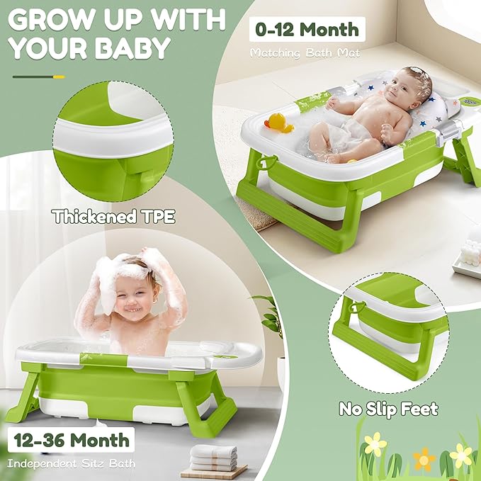 Collapsible Baby Bathtub,Baby Bath Tub with Thermometer & Soft Cushion,Baby Bathtub for Newborn to Toddler 0-36 Months,Portable Travel Baby Tub with No-Slip Feet,Baby Shower Gifts,Green