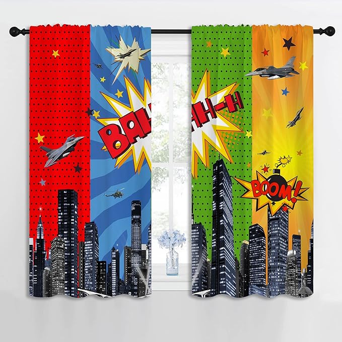 Superhero Rod Pocket Blackout Curtains for Boy Girl Bedroom, City War Explosion Comics Art Home Energy Efficient Light Filtering Window Curtain for Living Room, 42x63 inch