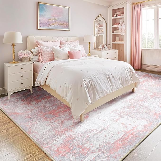 Washable Area Rugs 9'x12' Non-Slip Modern Abstract Soft for Living Room Entryway Bedroom Nursery, Print Pattern, Grey Pink