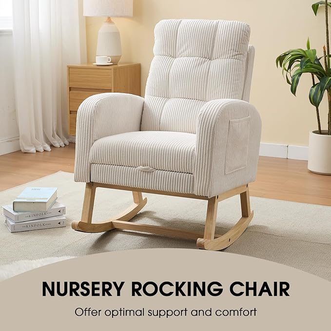NIOIIKIT Nursery Rocking Chair, Corduroy Upholstered Rocking Chair with Adjustable Footrest, Tufted Rocker Chair with Side Pocket, Glider Rocker for Living Room, Bedroom (Cream Retro)