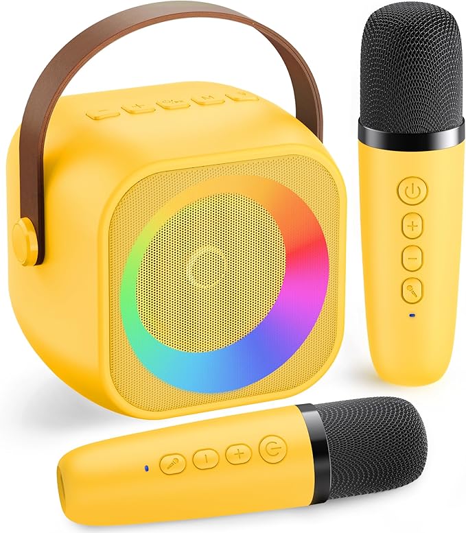 Mini Karaoke Machine for Kids Adults：Portable Bluetooth Karaoke Speaker with 2 Wireless Microphones and Lights for Home Party, Christmas Birthday Gifts for 4-12+ Years Old Girls Boys(Yellow)