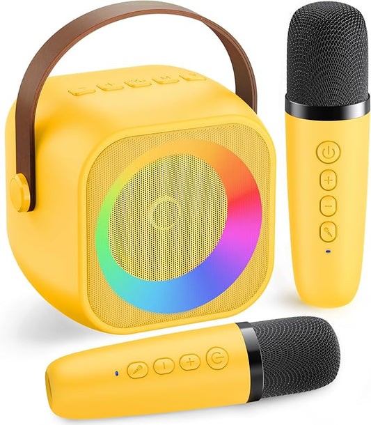 Mini Karaoke Machine for Kids Adults：Portable Bluetooth Karaoke Speaker with 2 Wireless Microphones and Lights for Home Party, Christmas Birthday Gifts for 4-12+ Years Old Girls Boys(Yellow)