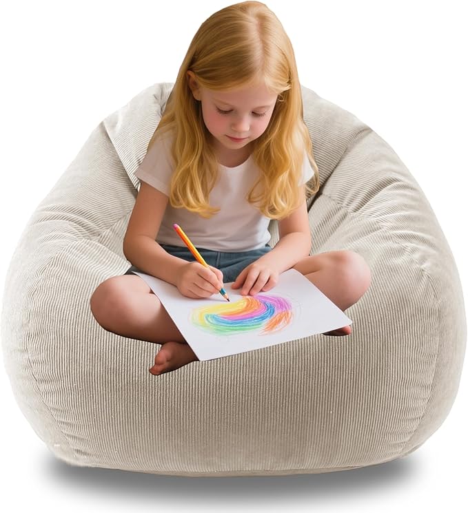 ENBAOHUI 3FT Memory Foam Bean Bag Chairs for Teens or Kids with Filling Bean Bag Sofa with Handle Super Soft Washable Corduroy Fabric Lazy Sofa 3 Foot Beige