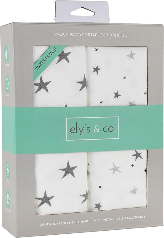 Ely's & Co. Patent Pending Waterproof Pack n Play│Mini Crib Sheet 2-Pack Set for Baby Boy or Baby Girl - 100% Combed Jersey Knit Cotton Sheets with Eco-Friendly Waterproof Lining — Grey Stars