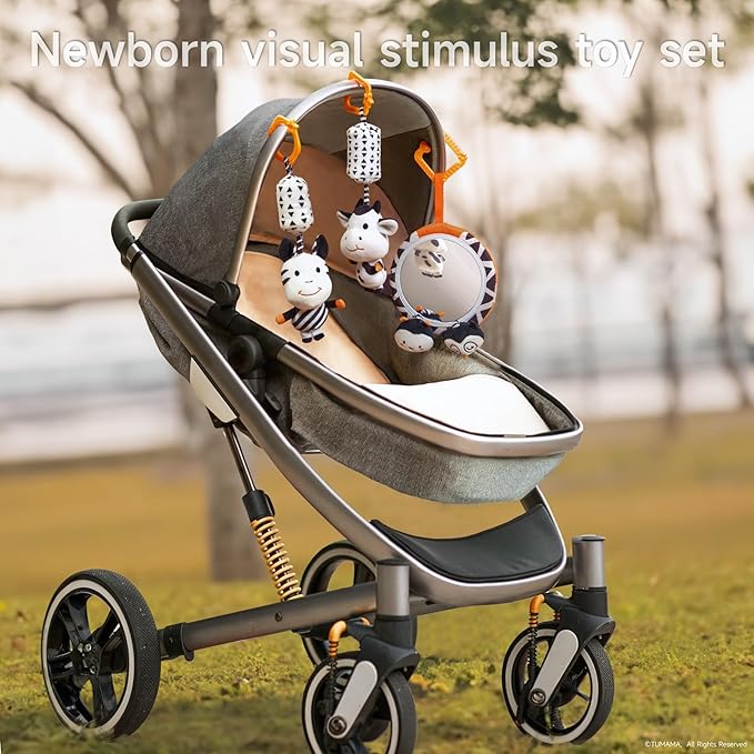 TUMAMA Black and White Baby Toys, High Contrast Tummy Time, Newborn Soft Books Mirror Rattles, Montessori Sensory 0-12 Months, Hanging Infant for Carseat Stroller Play Mat Crib