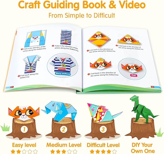 Mocoosy 224 Sheets Origami Paper Kit for Kids Ages 5-8 8-12, Color Folding Paper Set with Origami Book, Art Craft Supplies for Boys Girls 9-12, Travel Game Airplane Car Road Trip Activities Toy Gifts