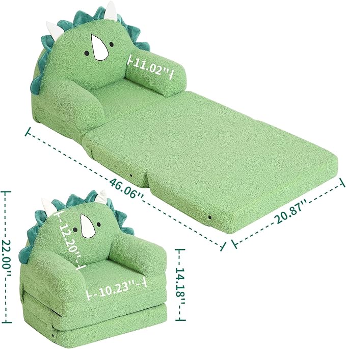 Foldable Kids Sofa, Triceratops Toddler Couch With Tri Folding Foam Cushions, Comfy Couch for Ages 18 Months and Up