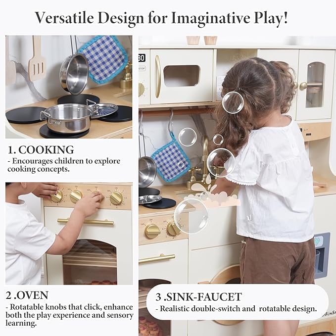 Wooden Play Kitchen for Kids with Realistic and Interactive Features, Includes 20 Toy Kitchen Accessories, Ideal Pretend Playset Gift for Kids and Toddlers Ages 3+