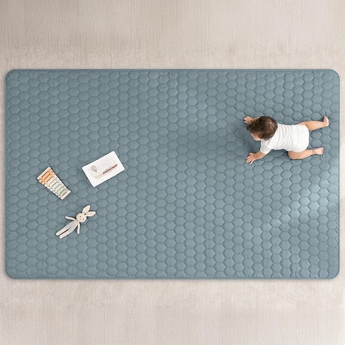 Comfy Cubs Rectangle Kids Play Mat - Large 60 x 96 inches Soft Quilted Baby Floor Mat with Non-Slip Bottom - Plush Design for Toddlers' Playtime and Relaxation - Comfortable and Durable - Pacific Blue
