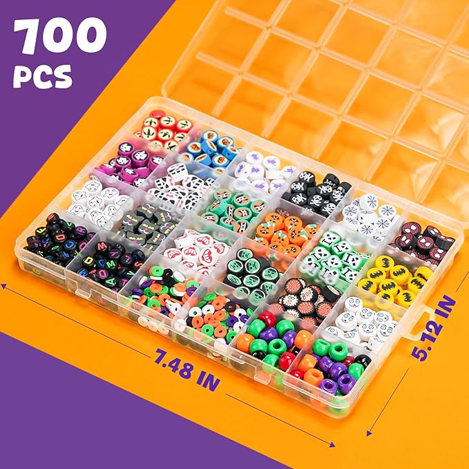 Gionlion 700Pcs Halloween Polymer Clay Beads Bracelet Making Kit, Pumpkins Skulls Ghosts Spiders Bats Pony Letter Beads for Halloween Party Favors, Toys Gifts for 4+ Year Old Kids