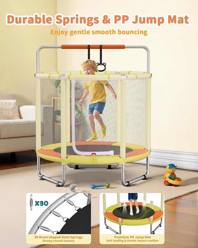 55” Trampoline for Kids, Powder-Coated Mini Trampoline for Toddlers, Indoor Outdoor Toys with Adjustable Gymnastics Bar, Swing, Basketball Hoop, Birthday Gifts for Boys & Girls Ages 1-8