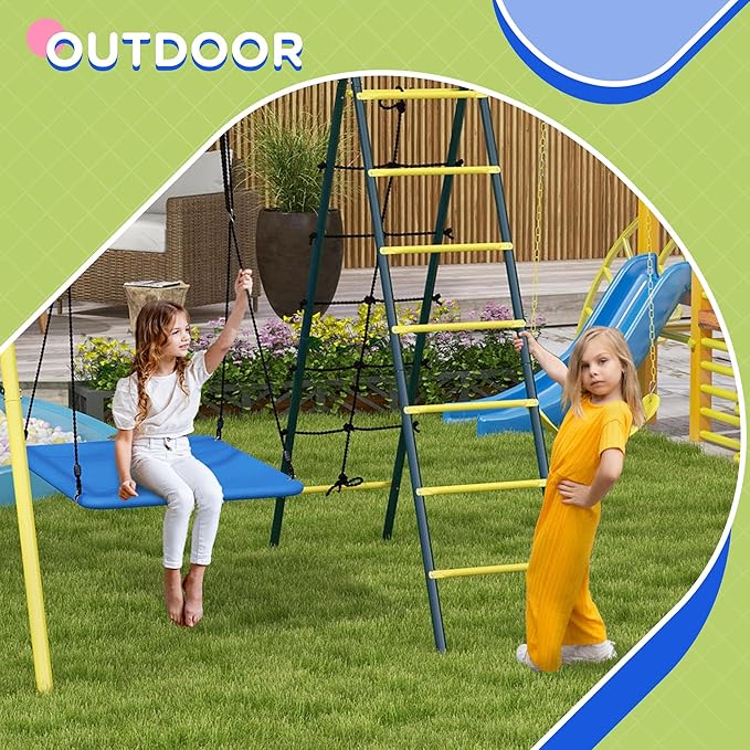 Outsunny 440 lbs Swing Set for Backyard, 5 in 1 Heavy-Duty A-Frame Stand Outdoor Playset for Kids, with Saucer Swing, Slide, Swing Seats, Gym Rings, Basketball Hoop, Climbing Steps and Net