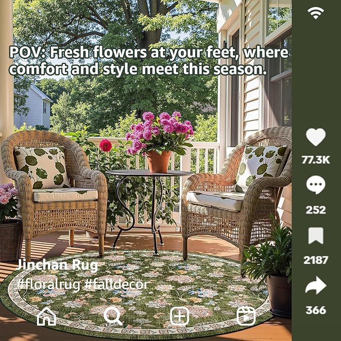 jinchan 6ft Floral Round Rug for Dining Room Washable Living Room Rug Vintage Romance Design Non Slip Indoor Floor Cover Lightweight Low-Profile Throw Carpet for Bedroom Porch Patio, Green