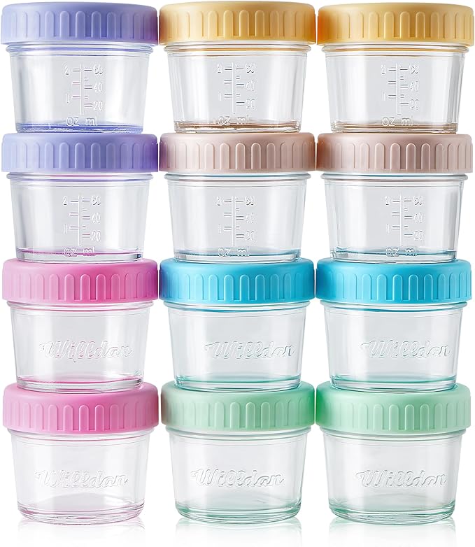 WILLDAN Glass Baby Food Storage Jars w/Lids (4 oz, 12 Pack Set) Snack, Puree, Reusable Small Containers, Breast Milk, Fridge or Freezer, Microwave & Dishwasher Safe, Essential Must Have for Infants