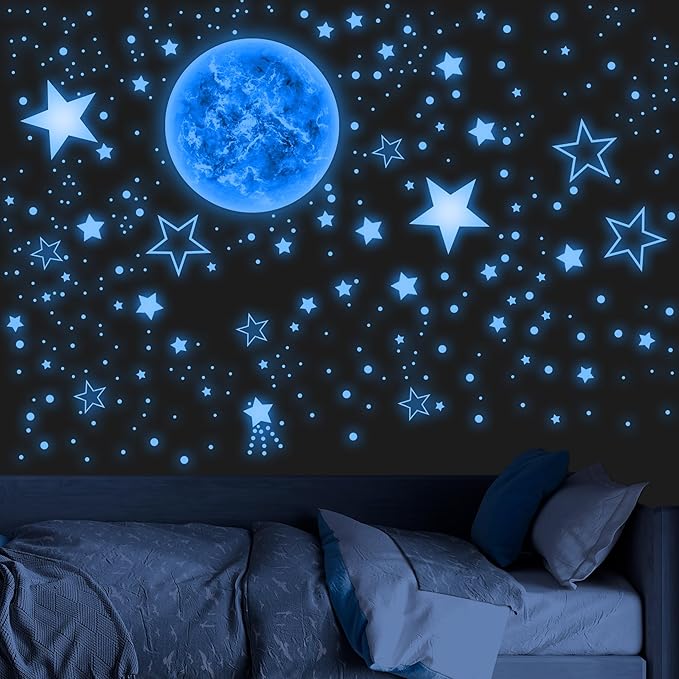 965 PCS Glow in The Dark Stars and Sun for Ceiling, Luminous Stars and Planet Wall Decals, Kids Room Decor, Glowing Galaxy Wall Stickers for Nursery Decorations (Blue)
