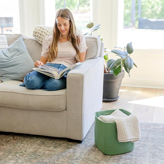 NaturalCozy 13 Inch Cube Storage Bins Cotton Rope Woven Baskets for Organizing 3-Pack | 13 x 13 Storage Cubes | Fabric Square Storage Baskets for Shelves Organizer, Kids Toy Bins, Closet Baby Nursery