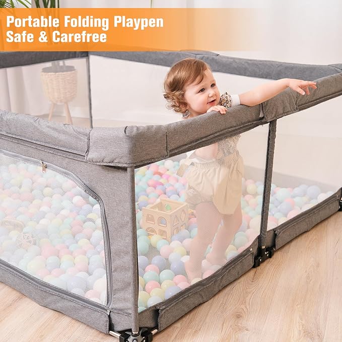 Foldable Baby Playpen with Gate, Extra Large Collapsible Play Yard for Babies & Toddlers, Portable Travel Play Pen with Fence, Safe Activity Center for Indoor & Outdoor Use (51"×51" Grey)